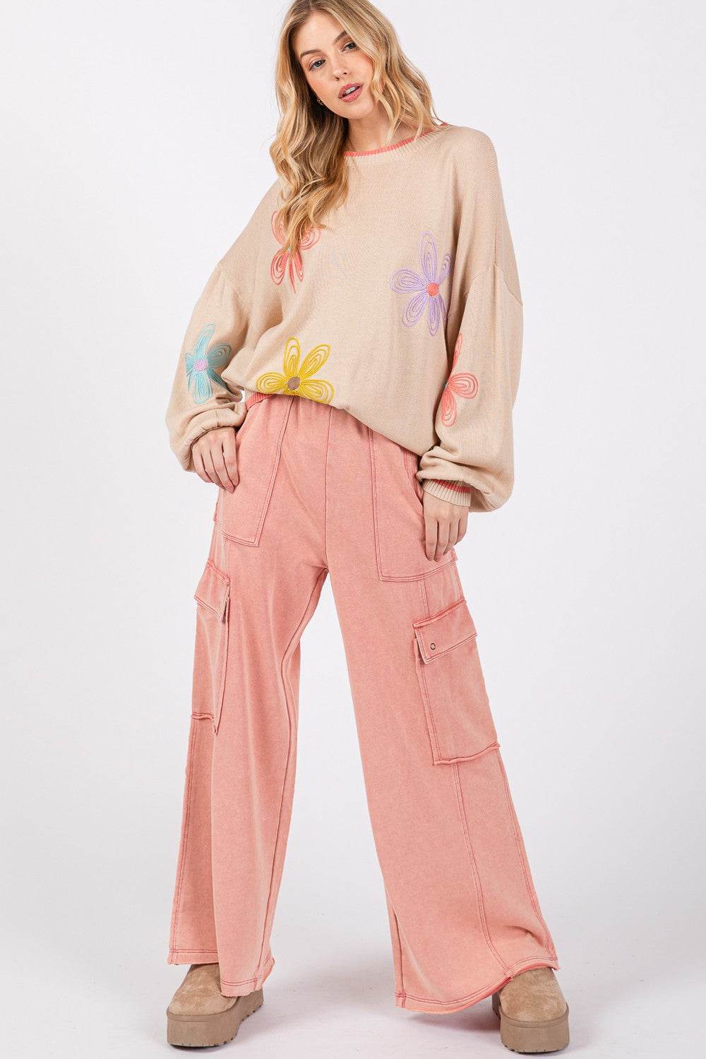 SAGE + FIG Knit Terry Mineral Wash Wide Leg Pants - DaTrendStore.Com