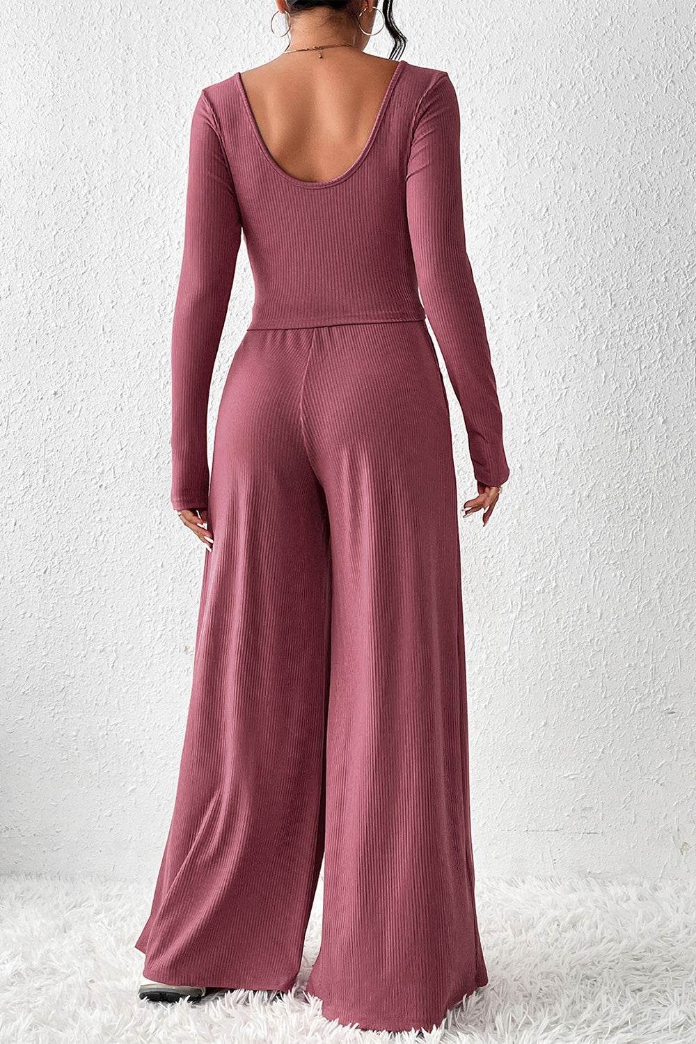 Ribbed Round Neck Top and Wide-Leg Pants Set - DaTrendStore.Com