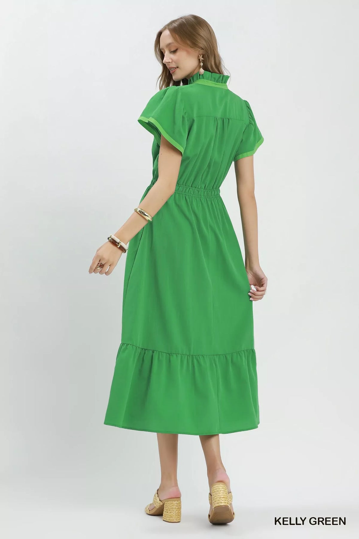 Umgee Contrast Trim Midi Dress with Tiered Ruffle Hem - Kelly Green