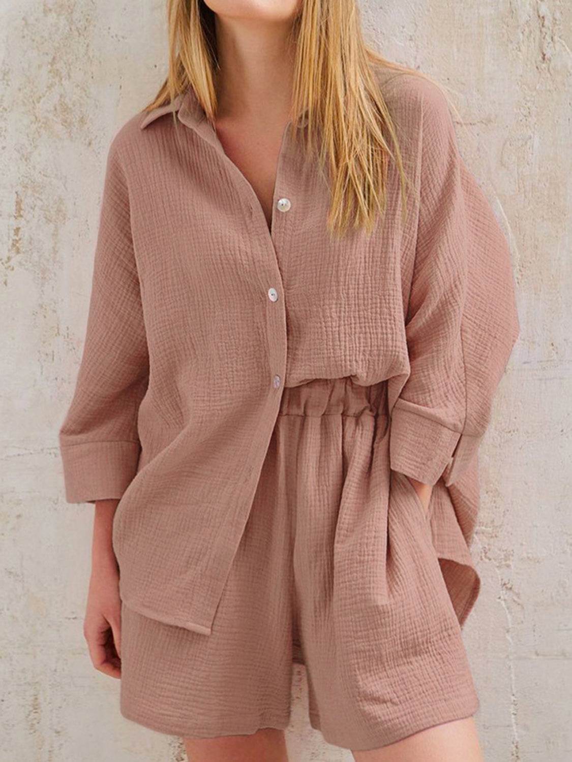 Texture Button Up Shirt and Shorts Set - DaTrendStore.Com