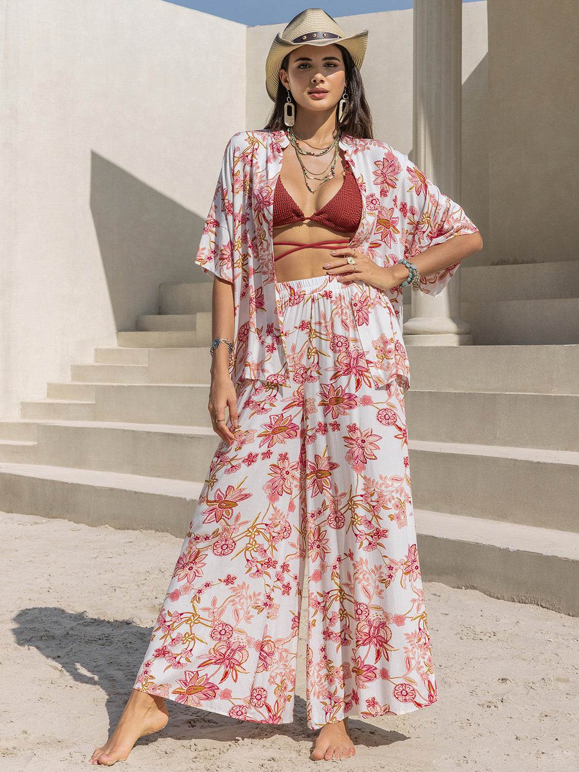 Printed Open Front Half Sleeve Top and Pants Set - DaTrendStore.Com