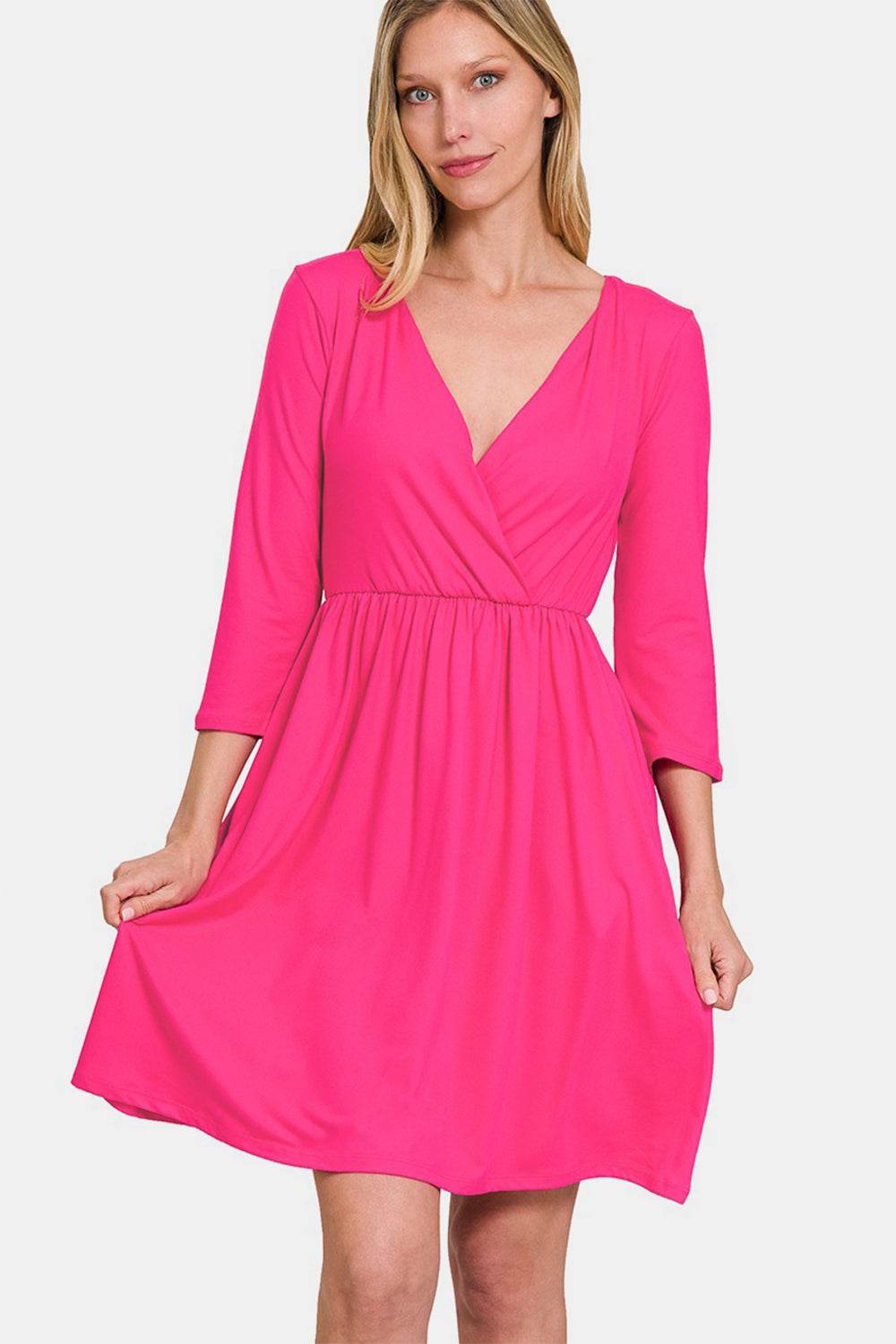 Zenana Three-Quarter Sleeve Surplice Dress with Pockets - DaTrendStore.Com