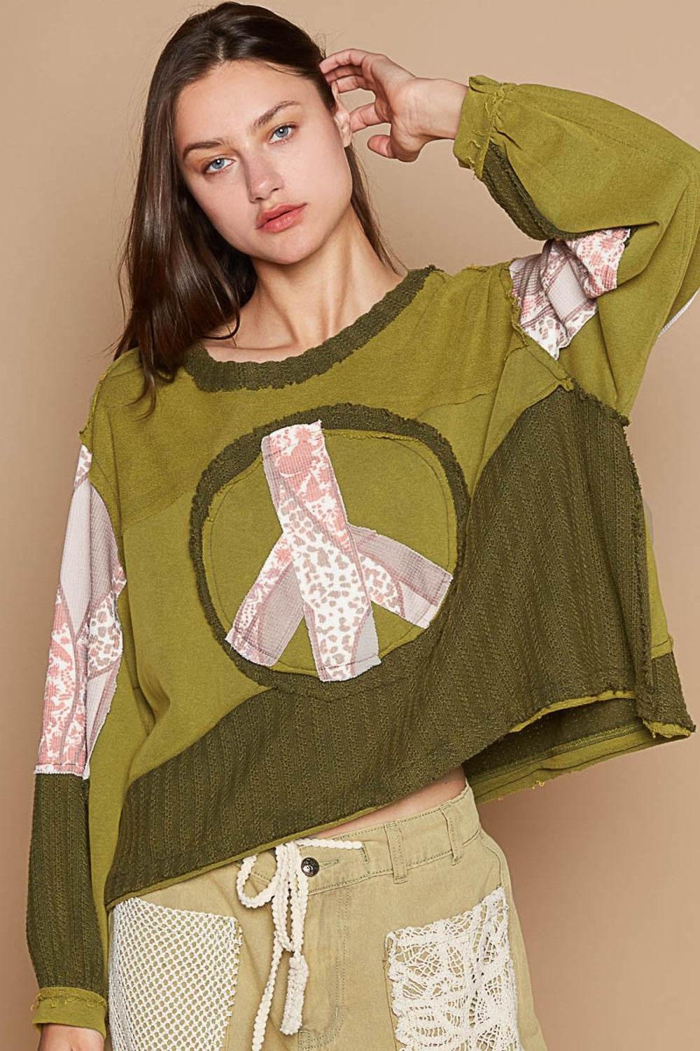 POL Long Sleeve Cut Sew Peace Emblem Top - DaTrendStore.Com