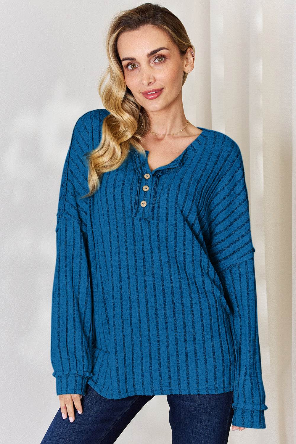Basic Bae Full Size Ribbed Half Button Long Sleeve T-Shirt - DaTrendStore.Com