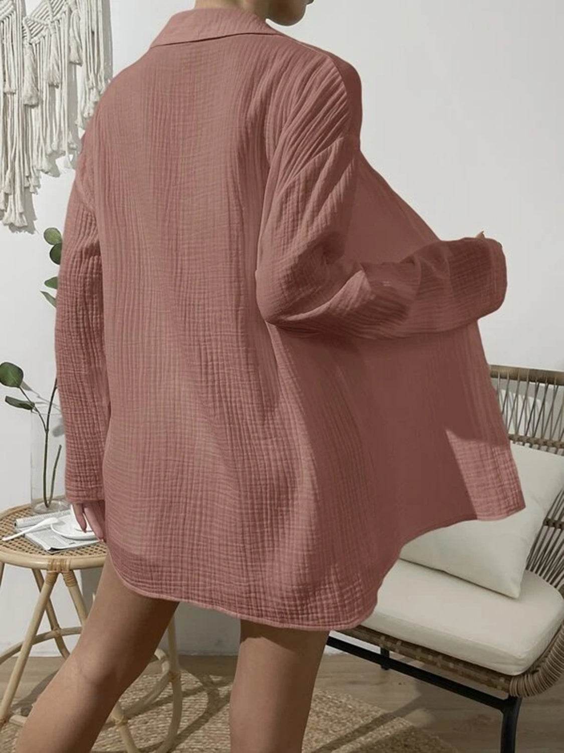 Dropped Shoulder Button Up Top and Elastic Waist Shorts Set - DaTrendStore.Com