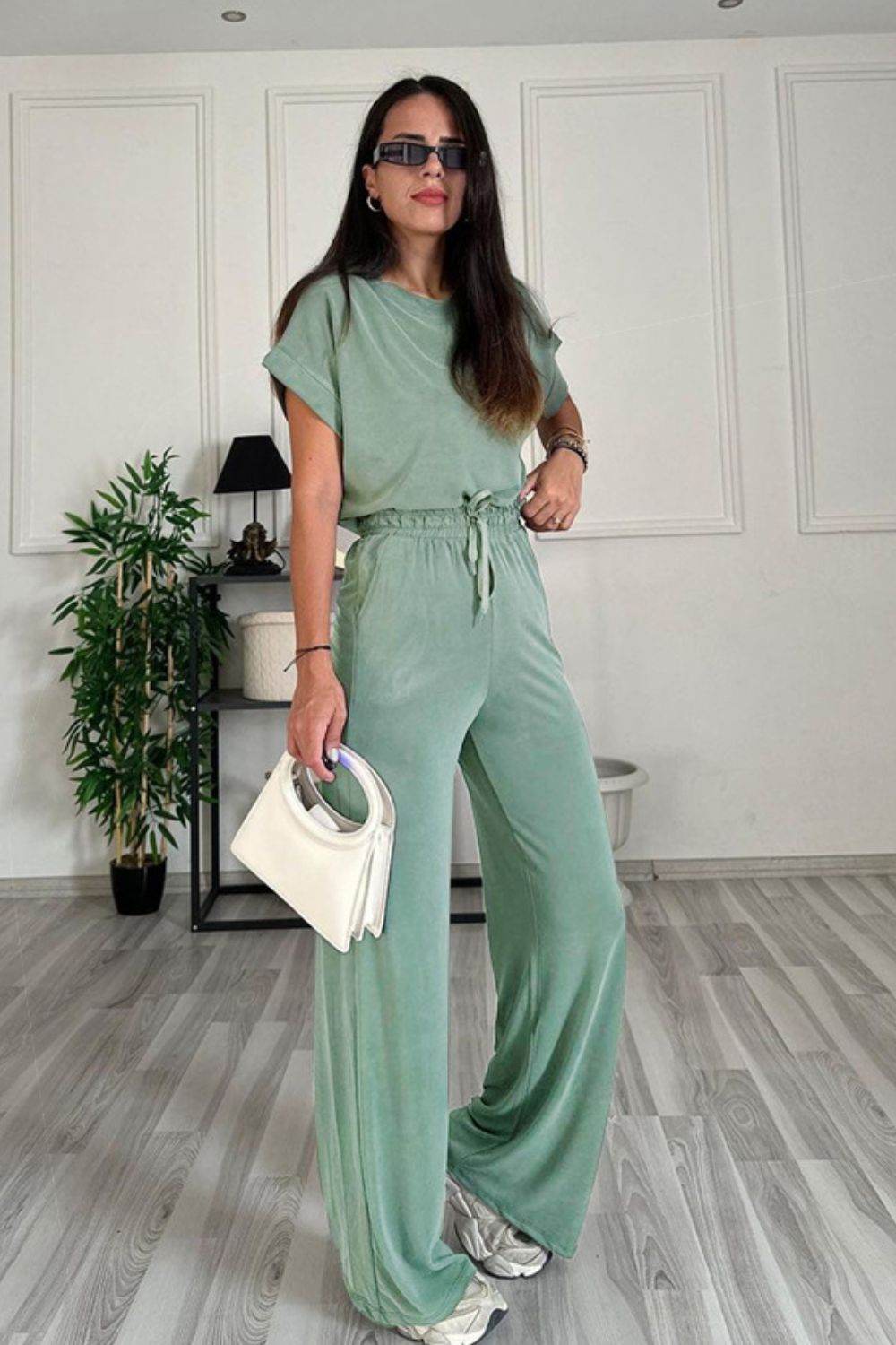 Round Neck Short Sleeve Top and Drawstring Pants Set - DaTrendStore.Com