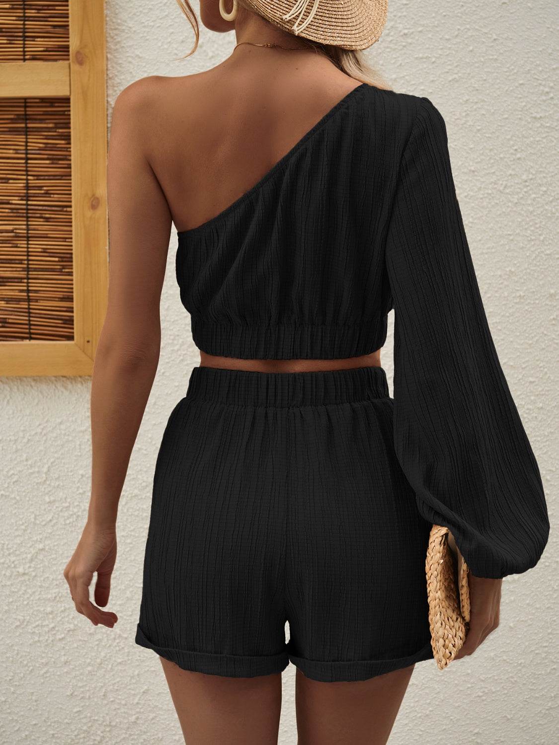 Honey One Shoulder Long Sleeve Top and Shorts Set - DaTrendStore.Com