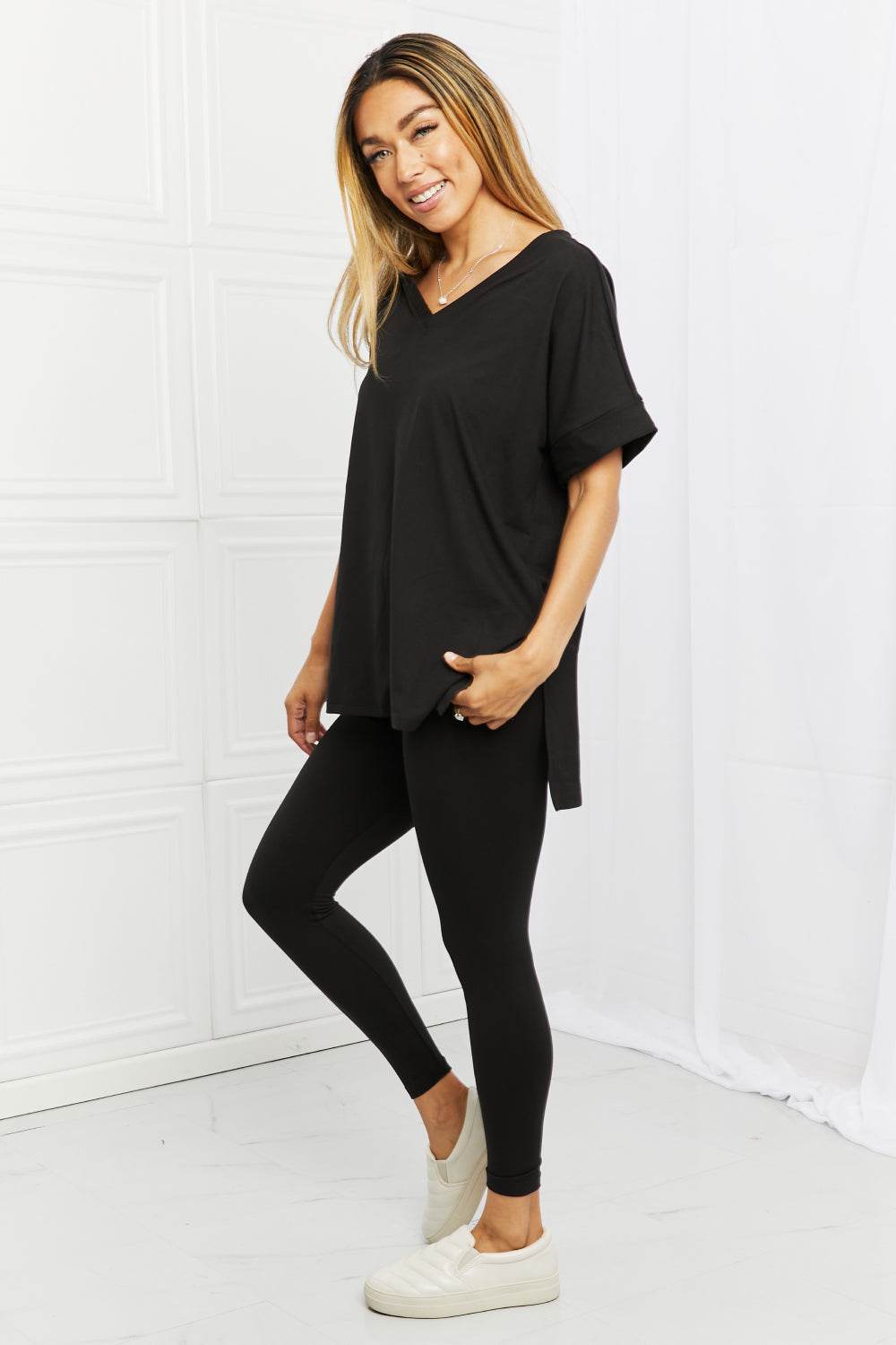 Zenana Self Love Full Size Brushed DTY Microfiber Lounge Set in Black - DaTrendStore.Com