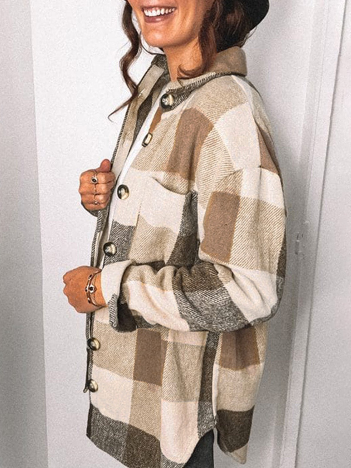 Plaid Pocketed Dropped Shoulder Button Up Jacket