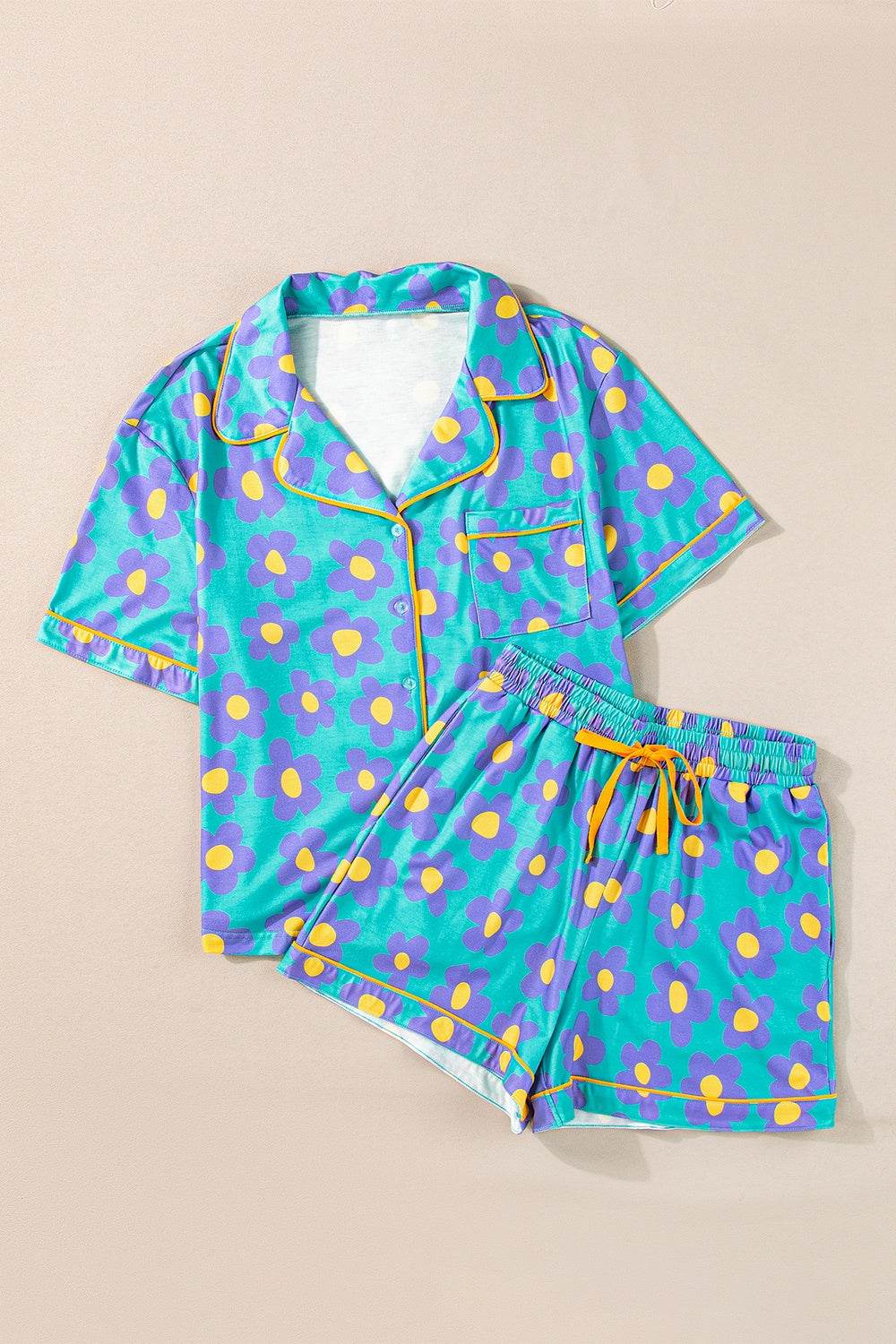 Pocketed Flower Half Sleeve Top and Shorts Lounge Set - DaTrendStore.Com