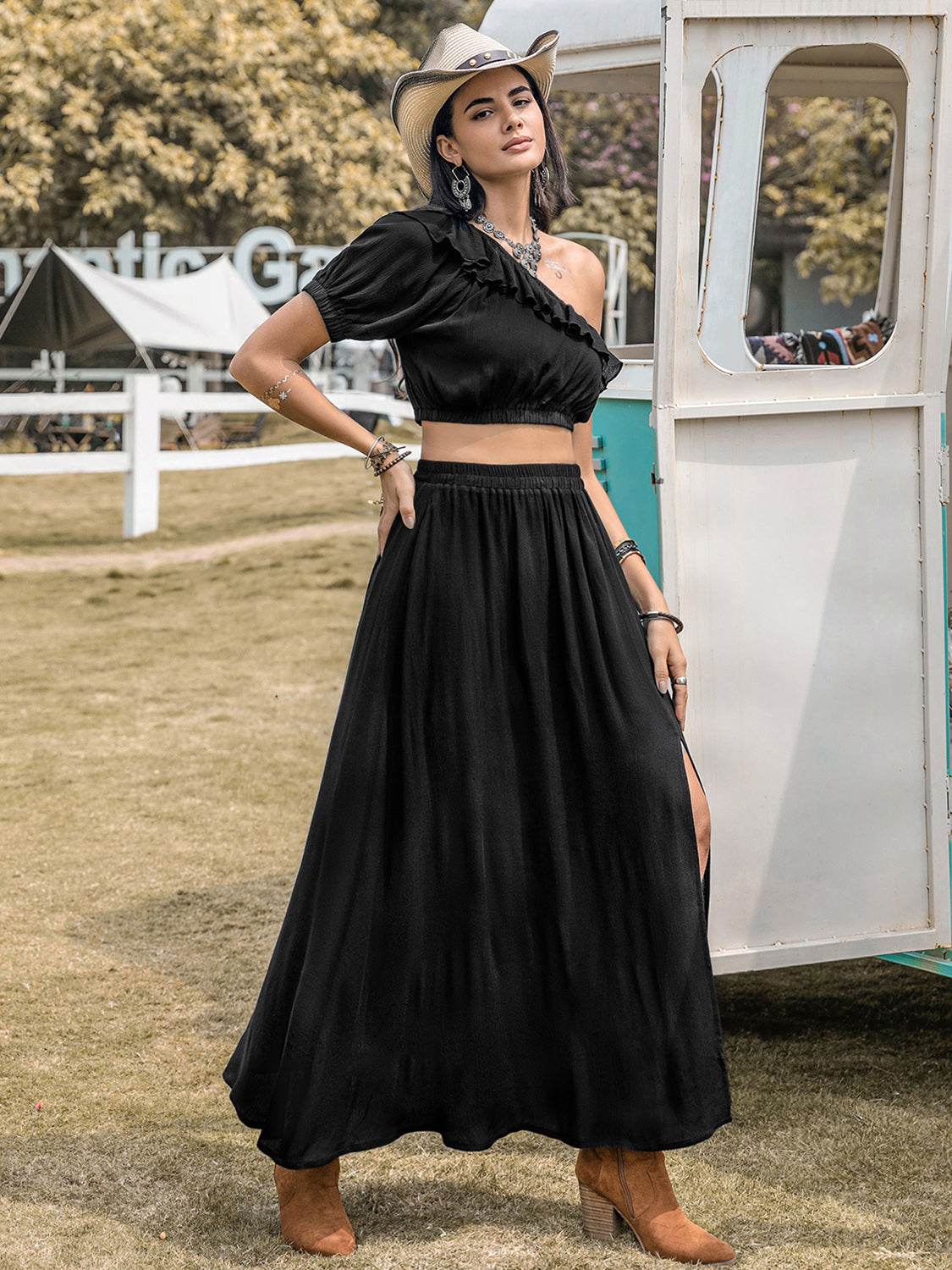 Ruffled Single Shoulder Top and Slit Skirt Set - DaTrendStore.Com