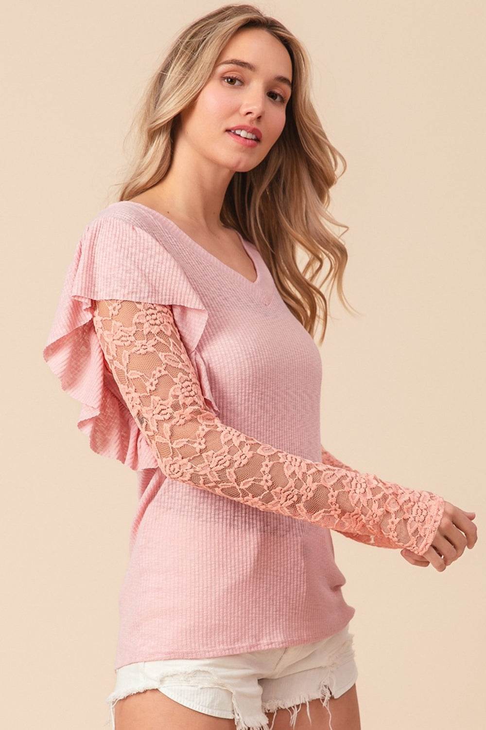 BiBi Ruffled Lace Sleeve Rib Knit Top - DaTrendStore.Com
