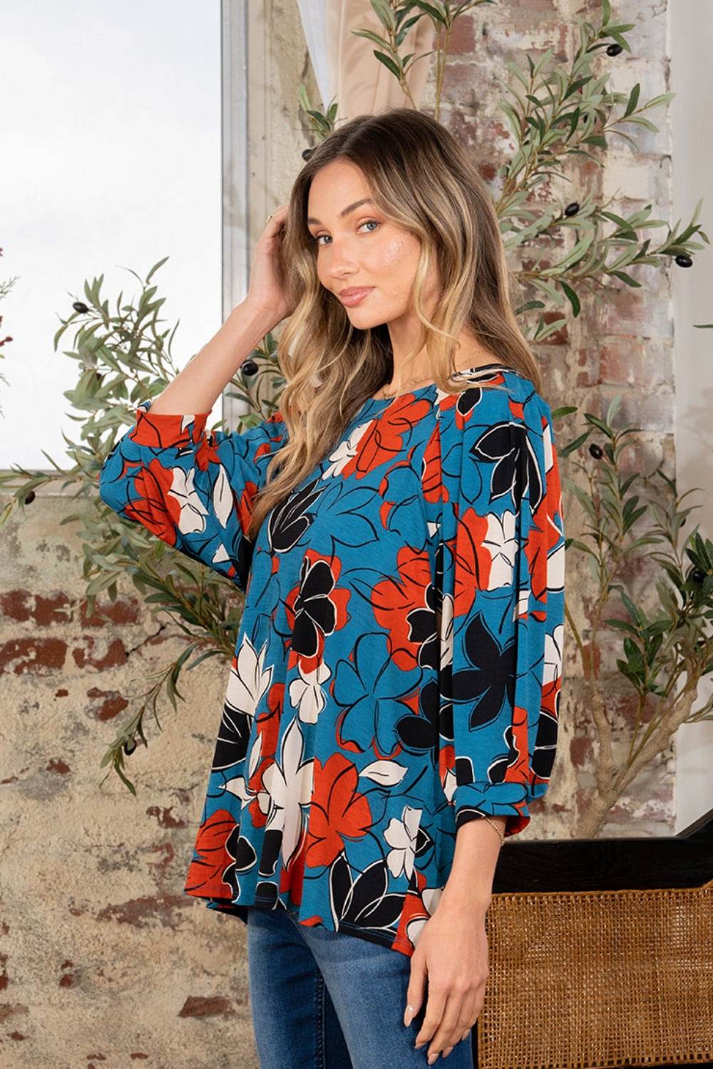 Sew In Love Full Size Printed Boat Neck Blouse - DaTrendStore.Com
