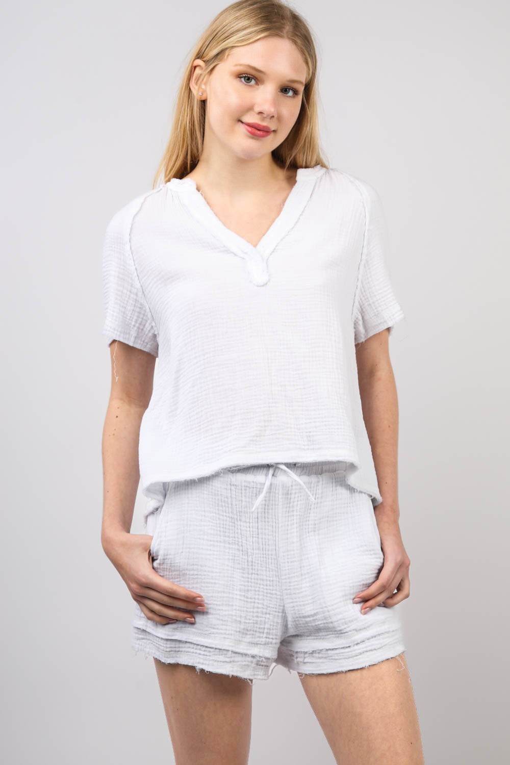 VERY J Washed Cotton Crinkle Gauze Top and Shorts Set - DaTrendStore.Com