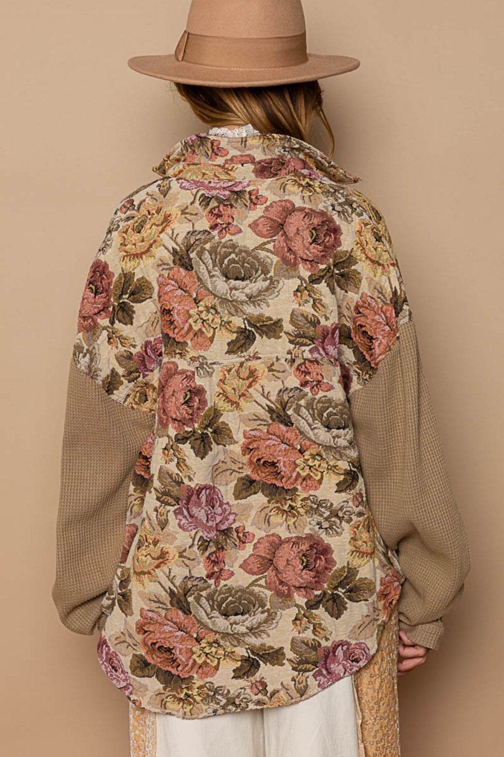 POL Contrast Sleeves Button Down Floral Jacquard Shirt - DaTrendStore.Com
