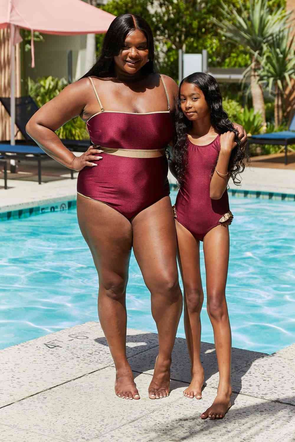 Marina West Swim Wave Break Contrast Trim One-Piece in Wine - DaTrendStore.Com
