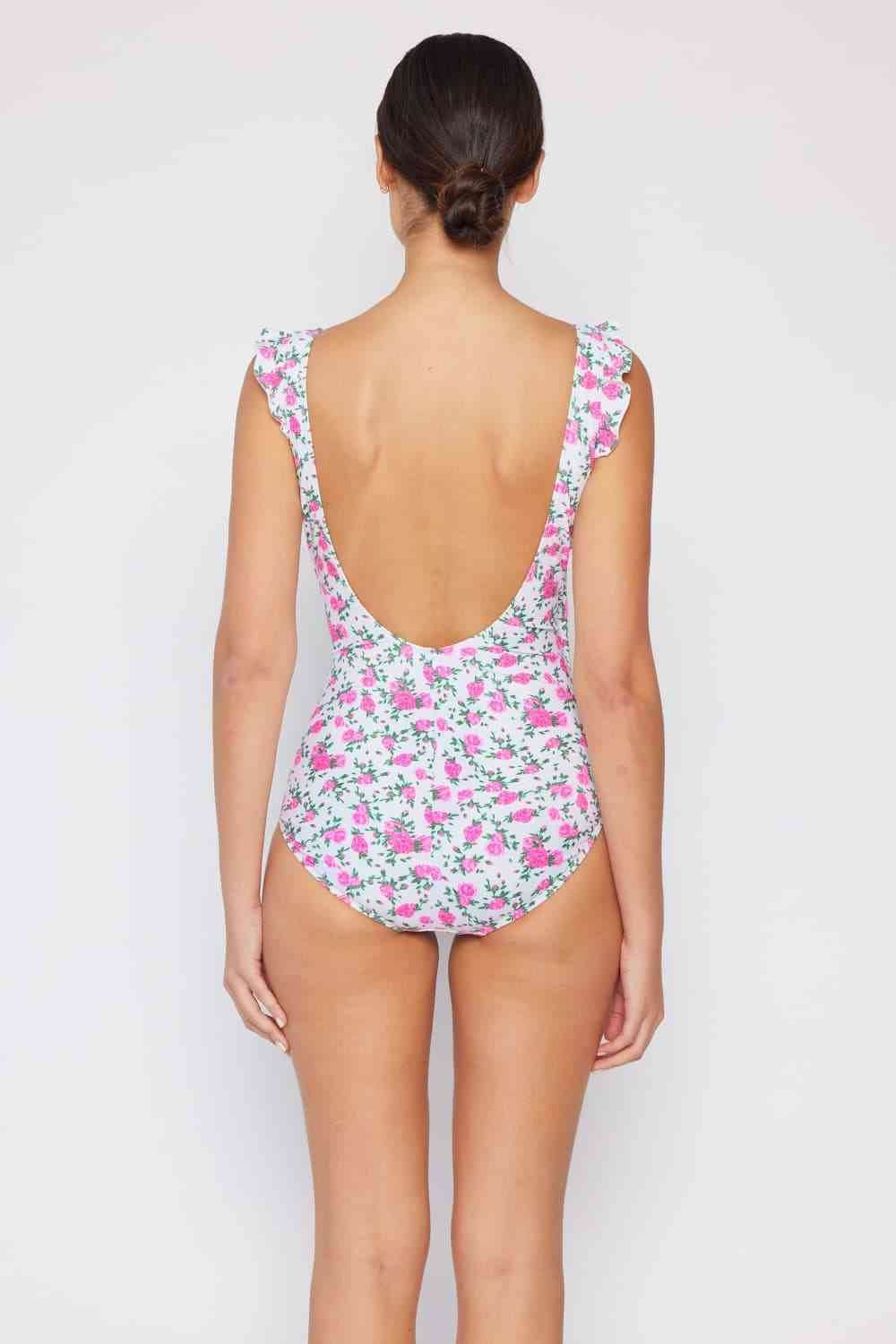 Marina West Swim Full Size Float On Ruffle Faux Wrap One-Piece in Roses Off-White - DaTrendStore.Com