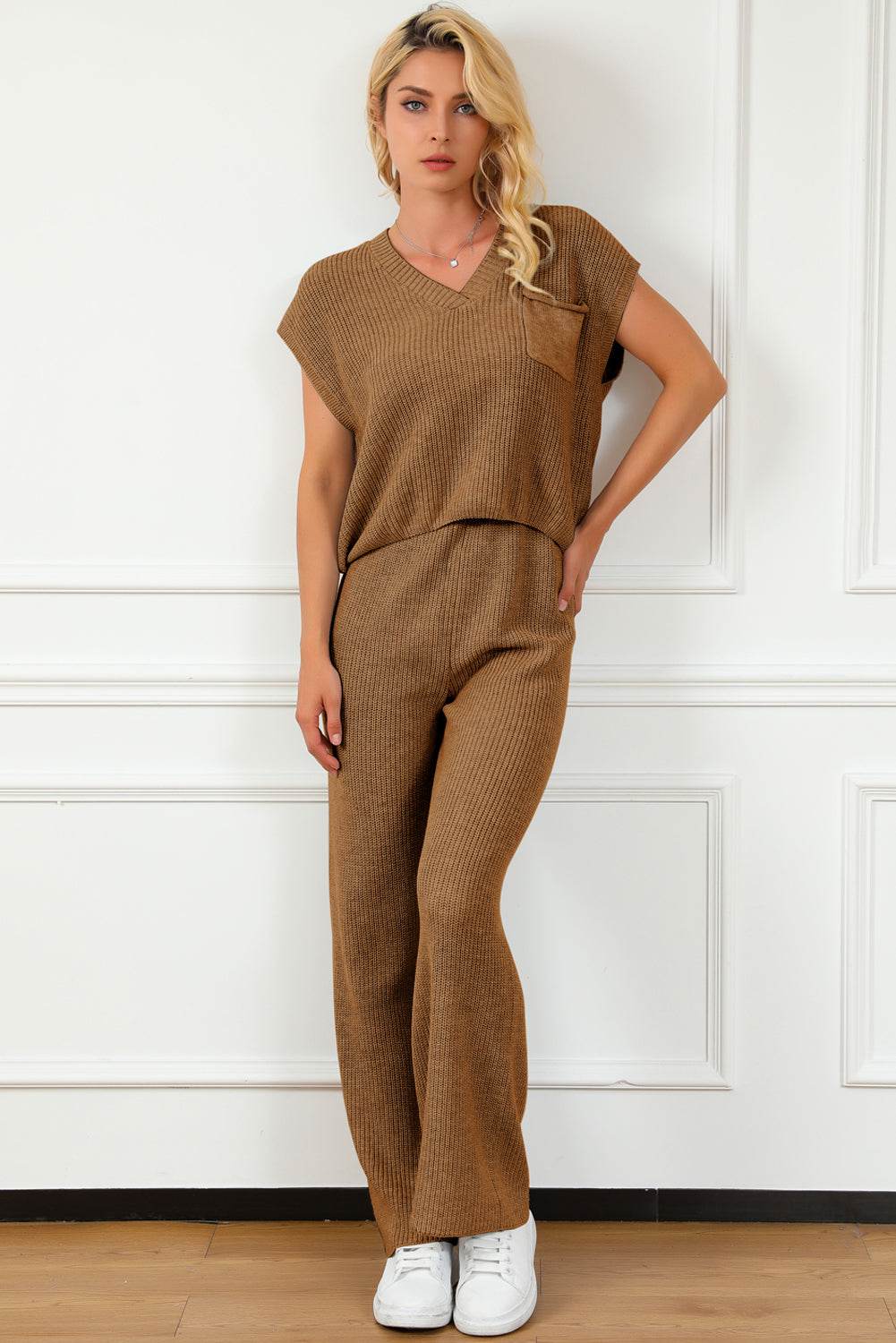 Pocketed V-Neck Top and Wide Leg Sweater Set - DaTrendStore.Com