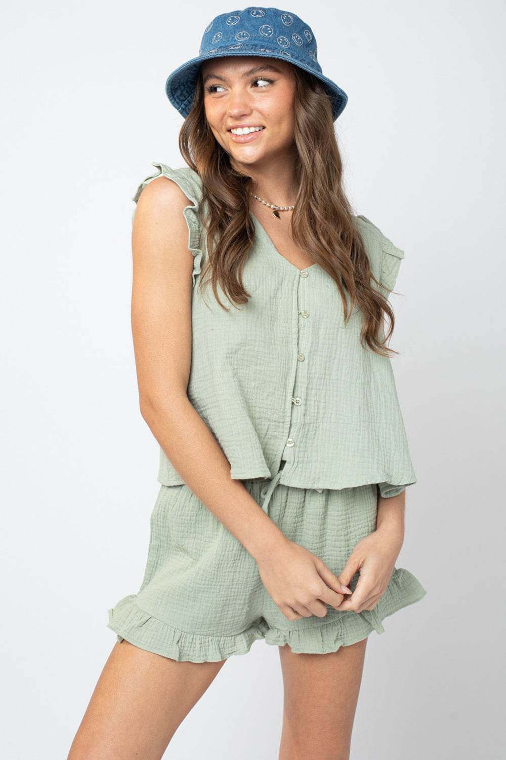 Ruffled V-Neck Cap Sleeve and Shorts Set - DaTrendStore.Com