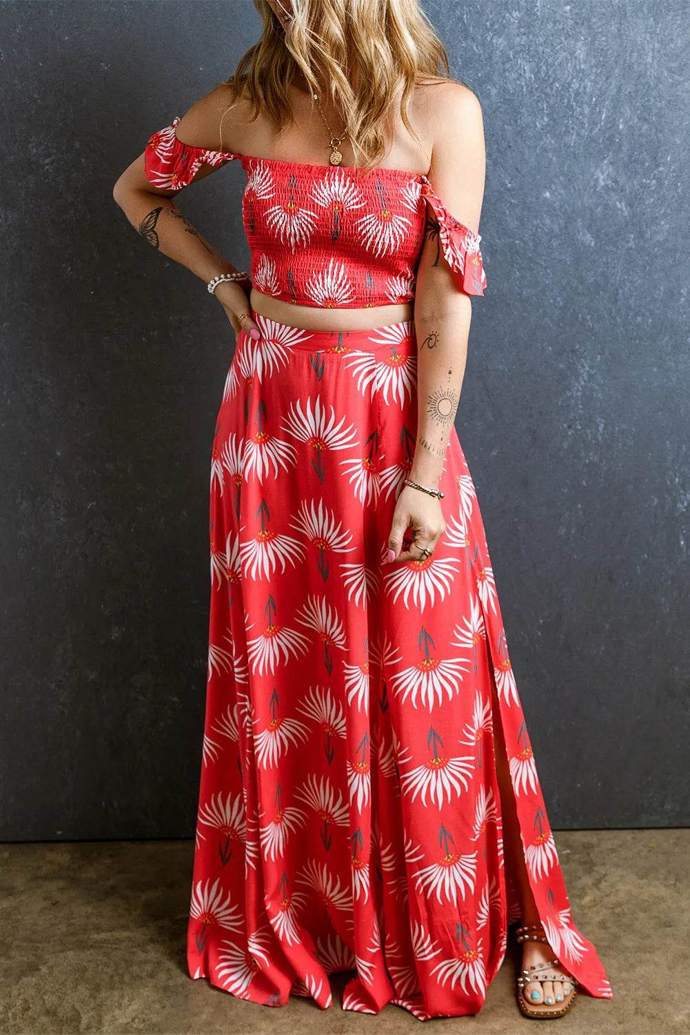 Smocked Off-Shoulder Top and Slit Skirt Set - DaTrendStore.Com