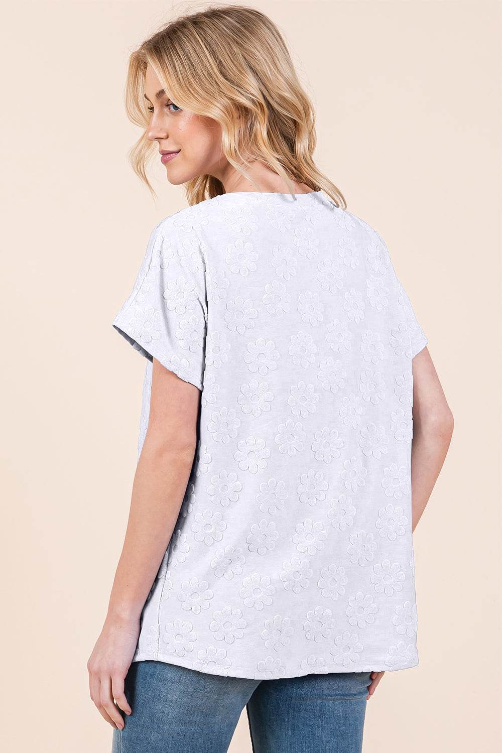 BOMBOM Floral Textured Short Sleeve T-Shirt - DaTrendStore.Com