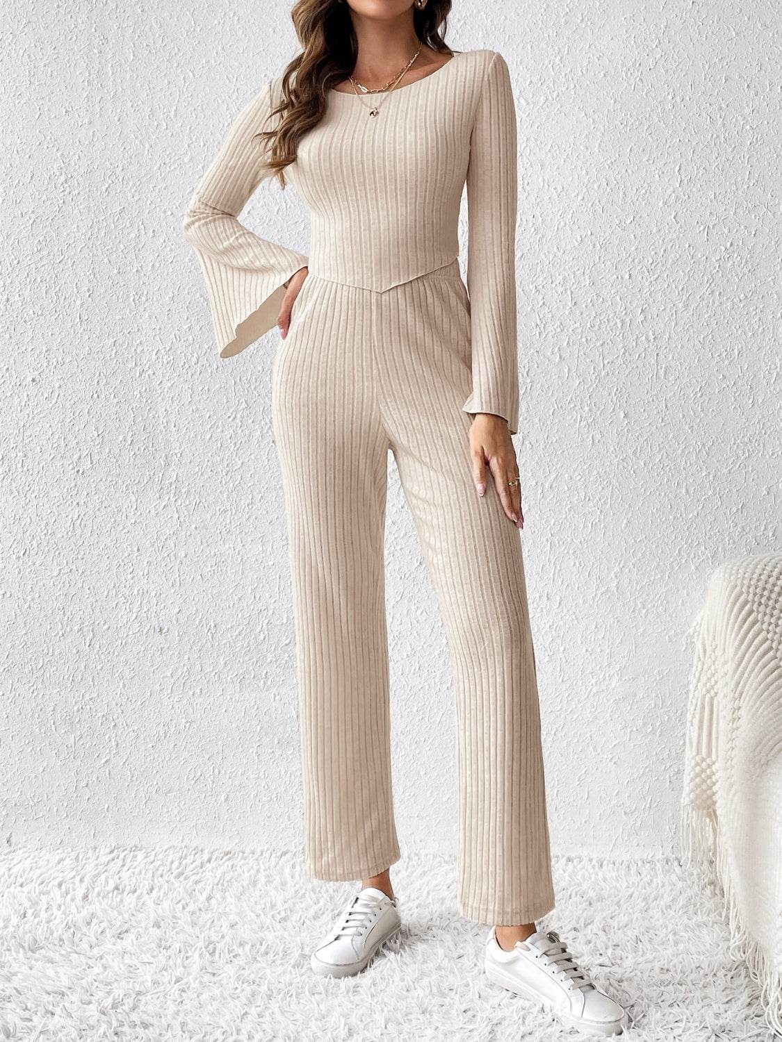 Ribbed Flare Sleeve Top and Pants Set - DaTrendStore.Com