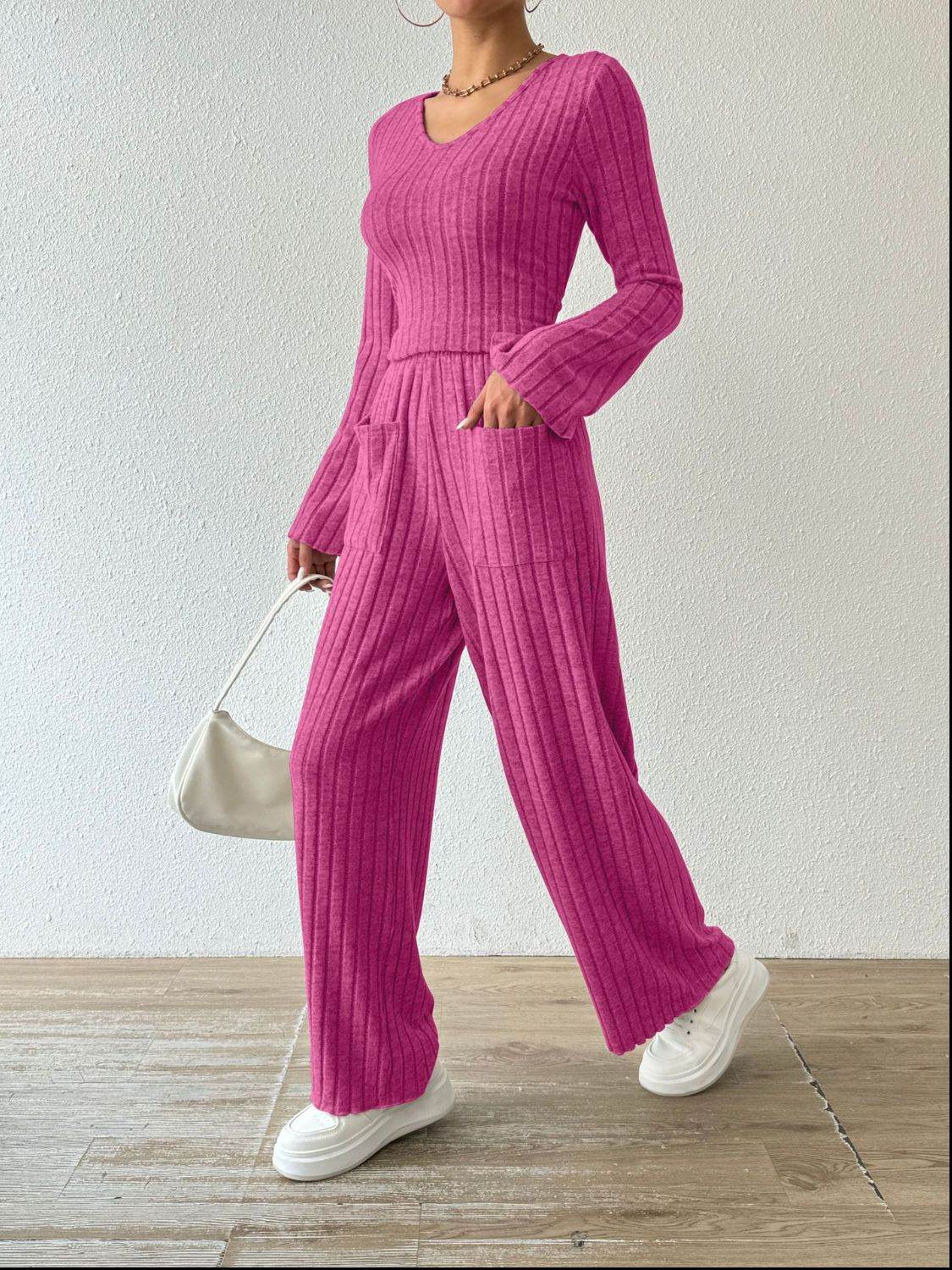 Ribbed V-Neck Long Sleeve Top and Pocketed Pants Set - DaTrendStore.Com