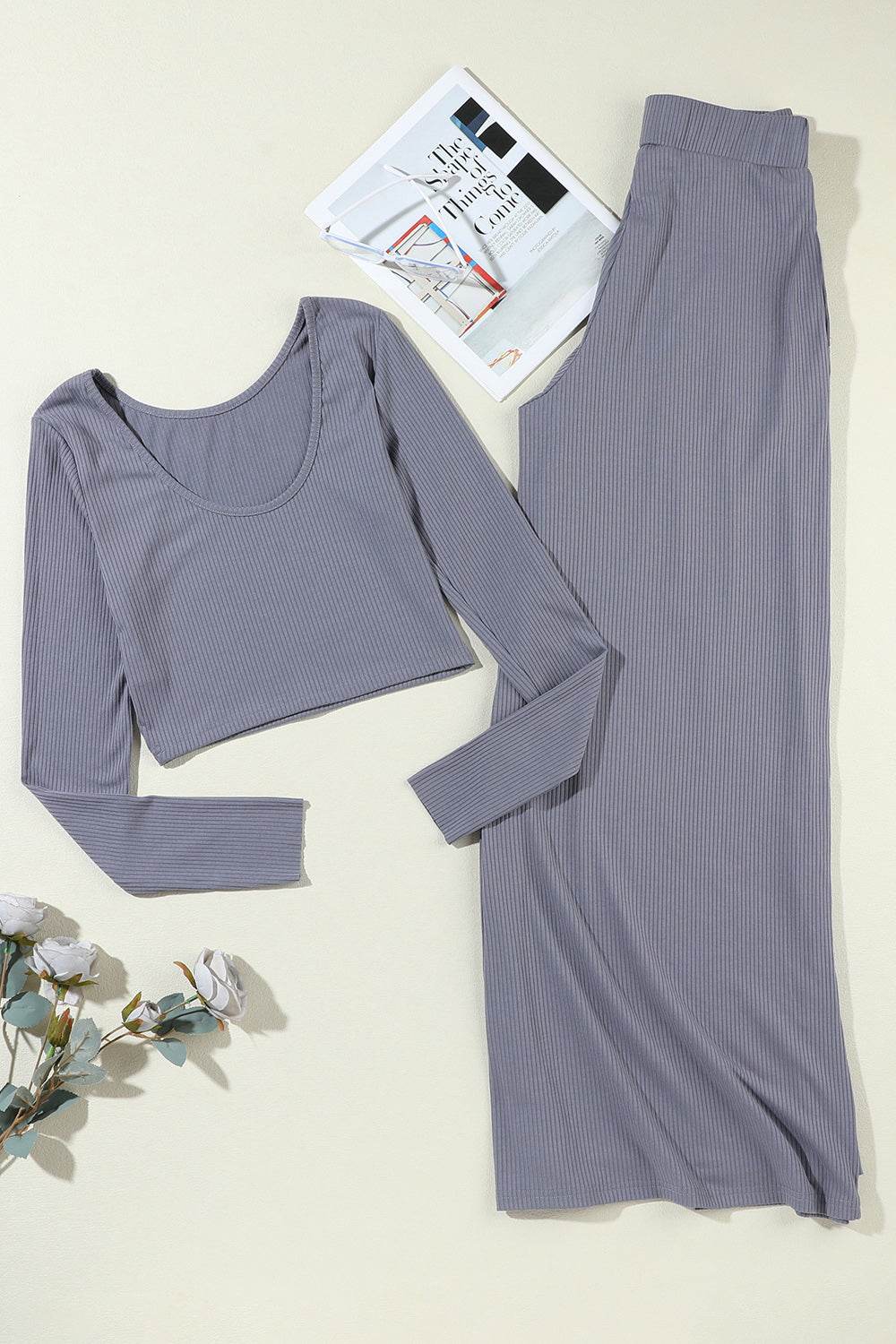 Ribbed Round Neck Top and Wide-Leg Pants Set - DaTrendStore.Com