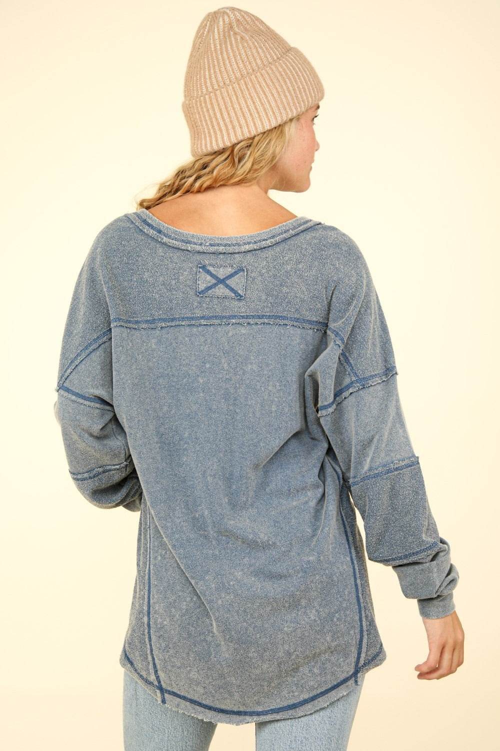 VERY J Washed V-Neck Exposed Seam Knit Top - DaTrendStore.Com