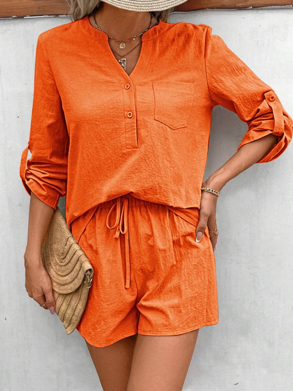 Notched Long Sleeve Top and Shorts Set - DaTrendStore.Com