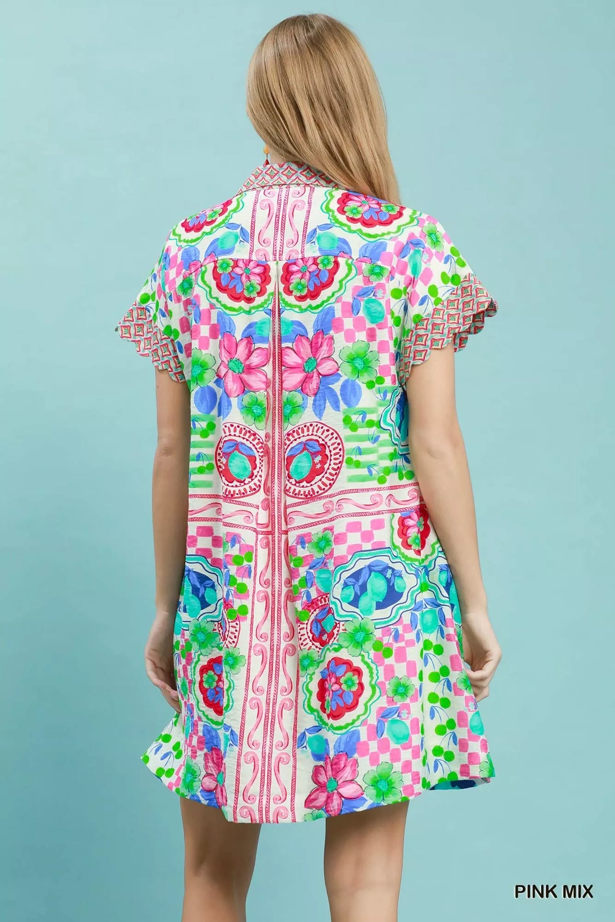 Umgee Mediterranean Print Dress with Contrast Printed Trim - Pink Mix