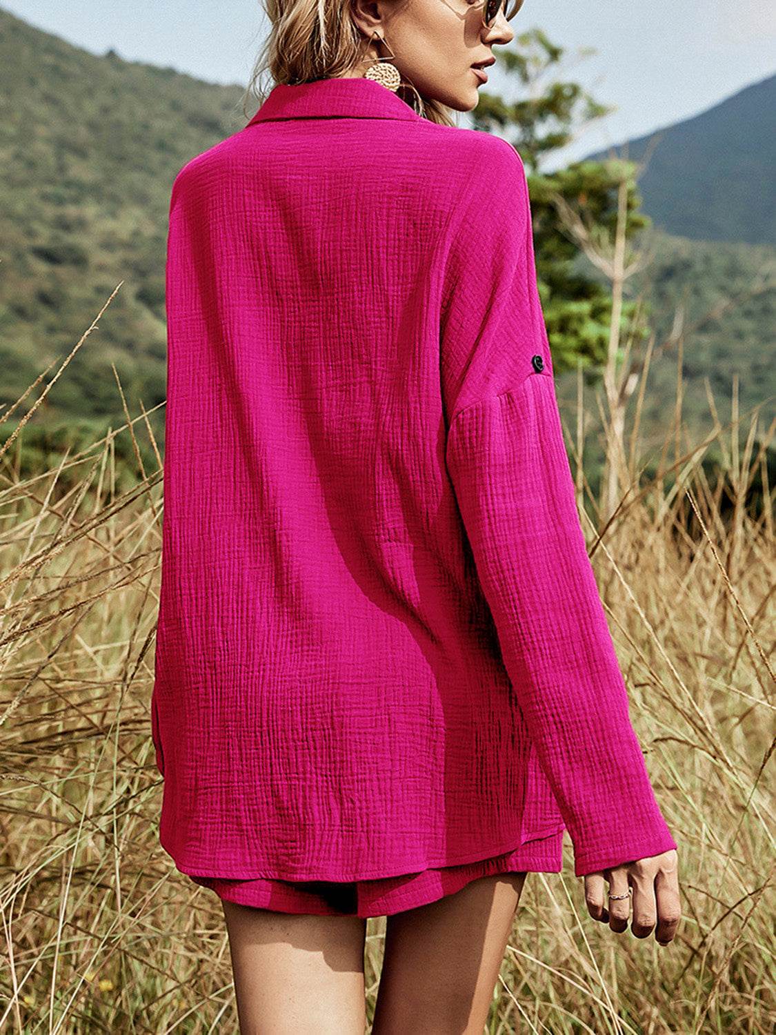 Texture Button Up Shirt and Shorts Set - DaTrendStore.Com