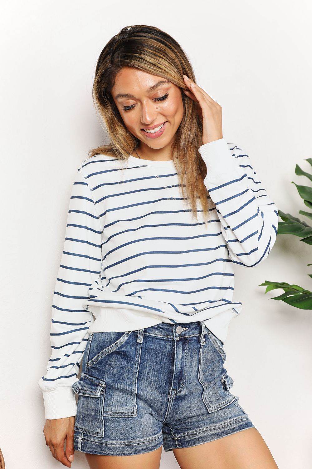 Double Take Striped Long Sleeve Round Neck Top - DaTrendStore.Com
