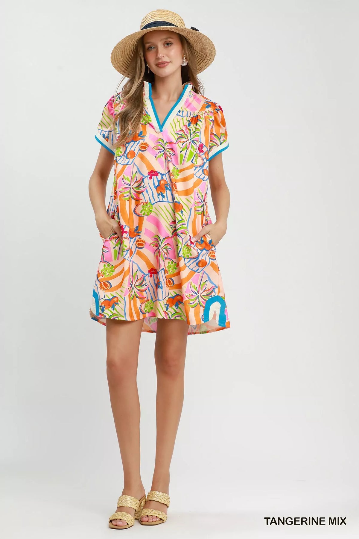 Umgee Tropical Print Collared Shift Dress - Tangerine Mix