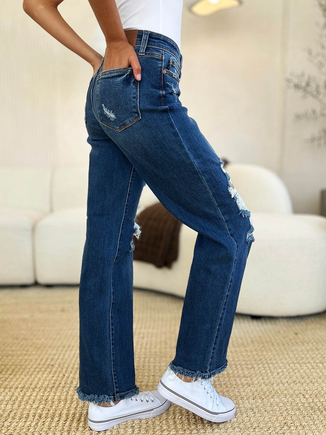 Judy Blue Full Size Mid Rise Distressed Raw Hem Jeans - DaTrendStore.Com