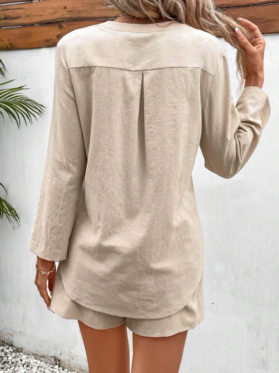 Notched Long Sleeve Top and Shorts Set - DaTrendStore.Com