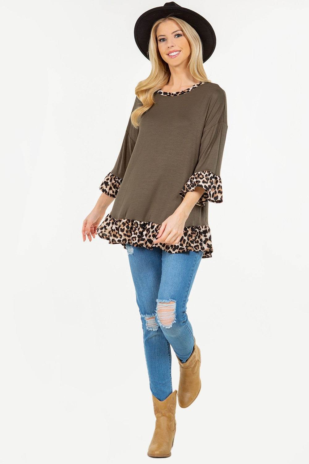 Celeste Full Size Flounce Sleeve Leopard Trim Top - DaTrendStore.Com