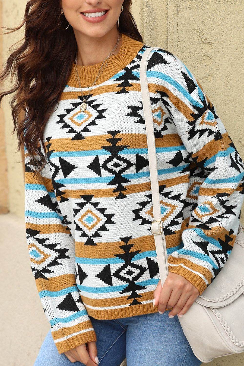 Geometric Round Neck Long Sleeve Sweater - DaTrendStore.Com