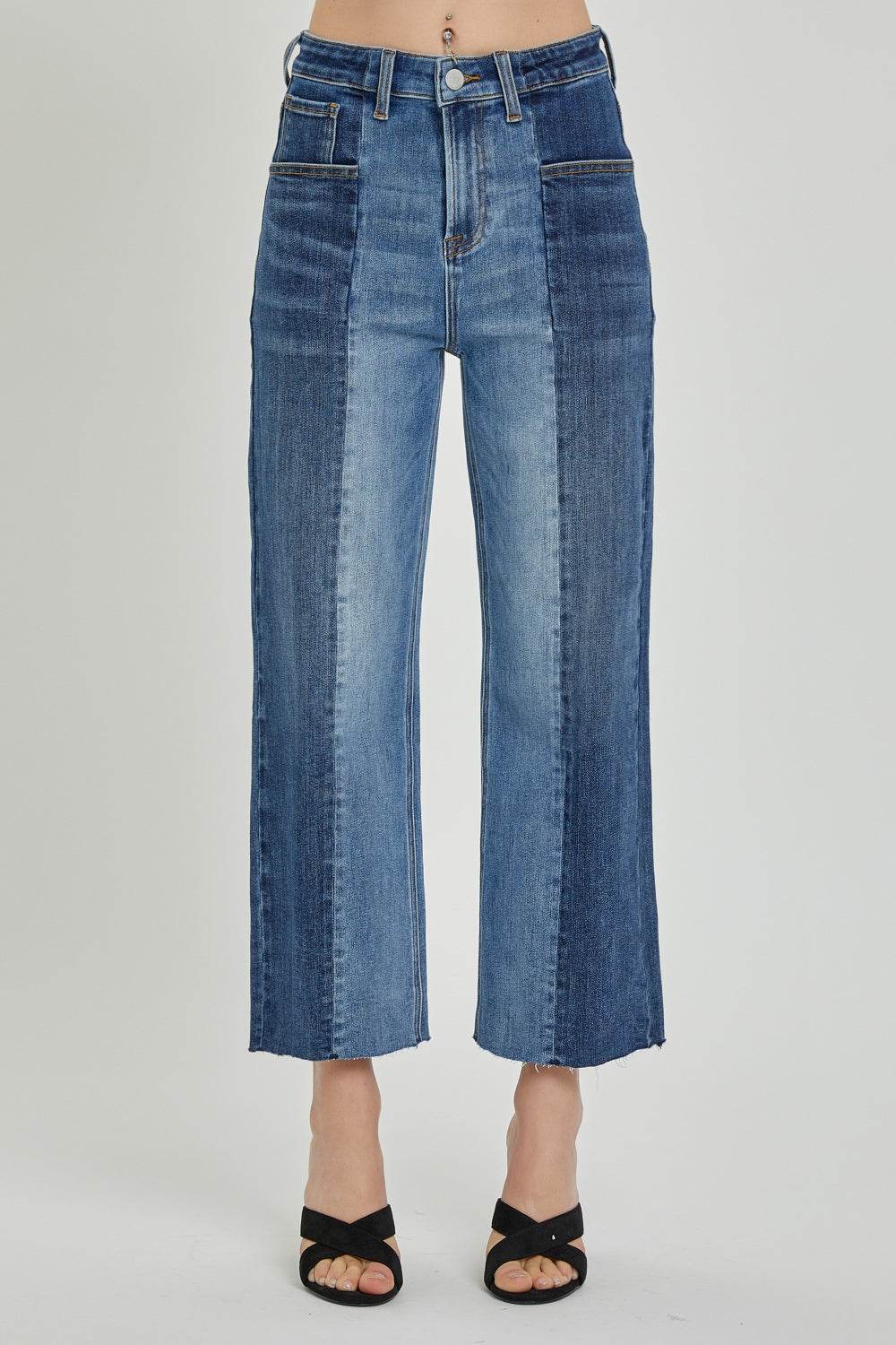 RISEN Full Size Mid-Rise Waist Two-Tones Jeans with Pockets - DaTrendStore.Com