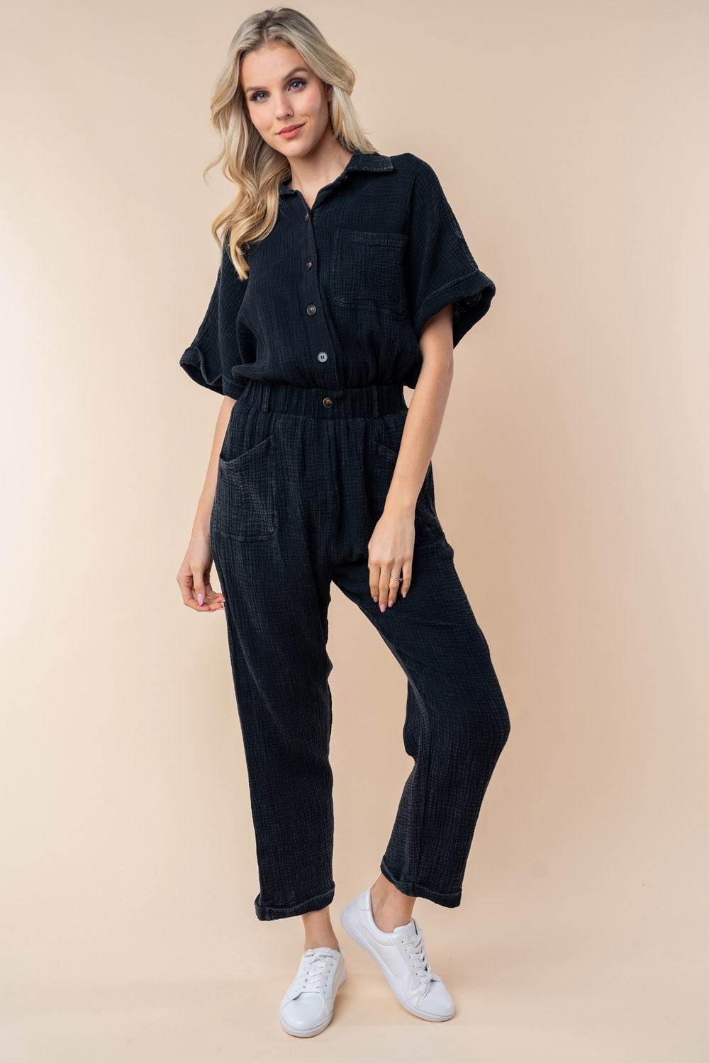 White Birch Texture Short Sleeve Jumpsuit - DaTrendStore.Com