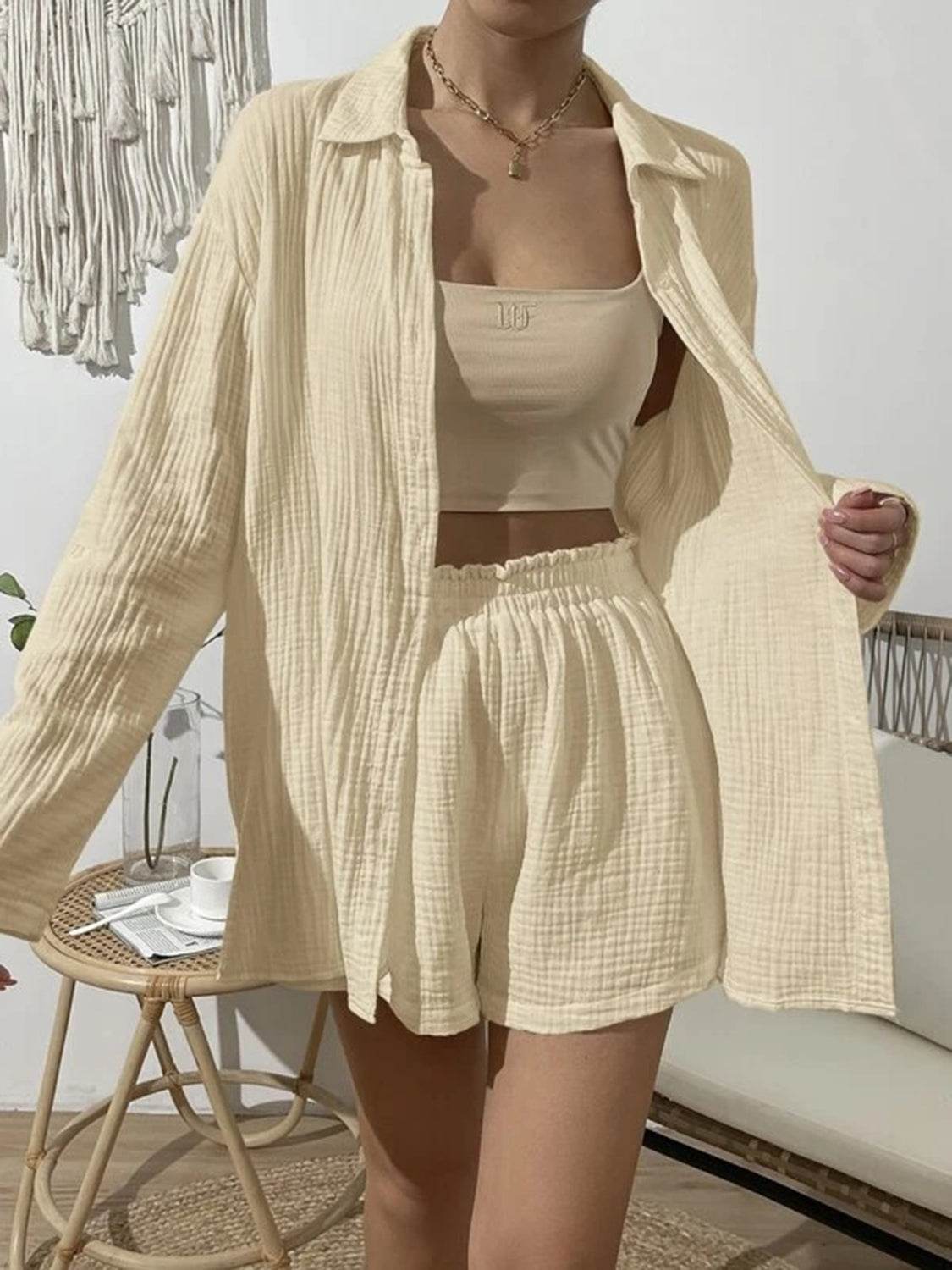Dropped Shoulder Button Up Top and Elastic Waist Shorts Set - DaTrendStore.Com