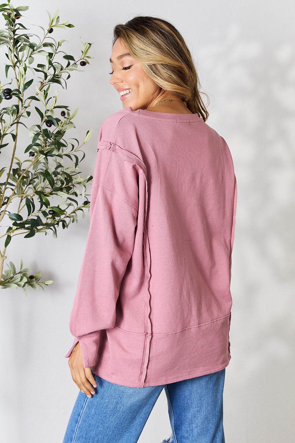 Culture Code Full Size Round Neck Exposed Seam Slit Top - DaTrendStore.Com