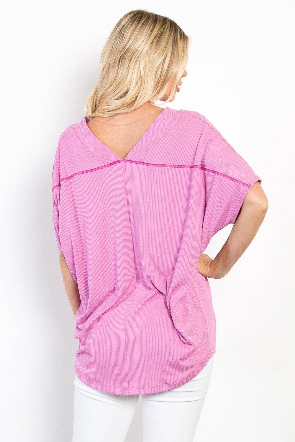 Be Stage Full Size V-Neck Short Sleeve Ribbed Top - DaTrendStore.Com