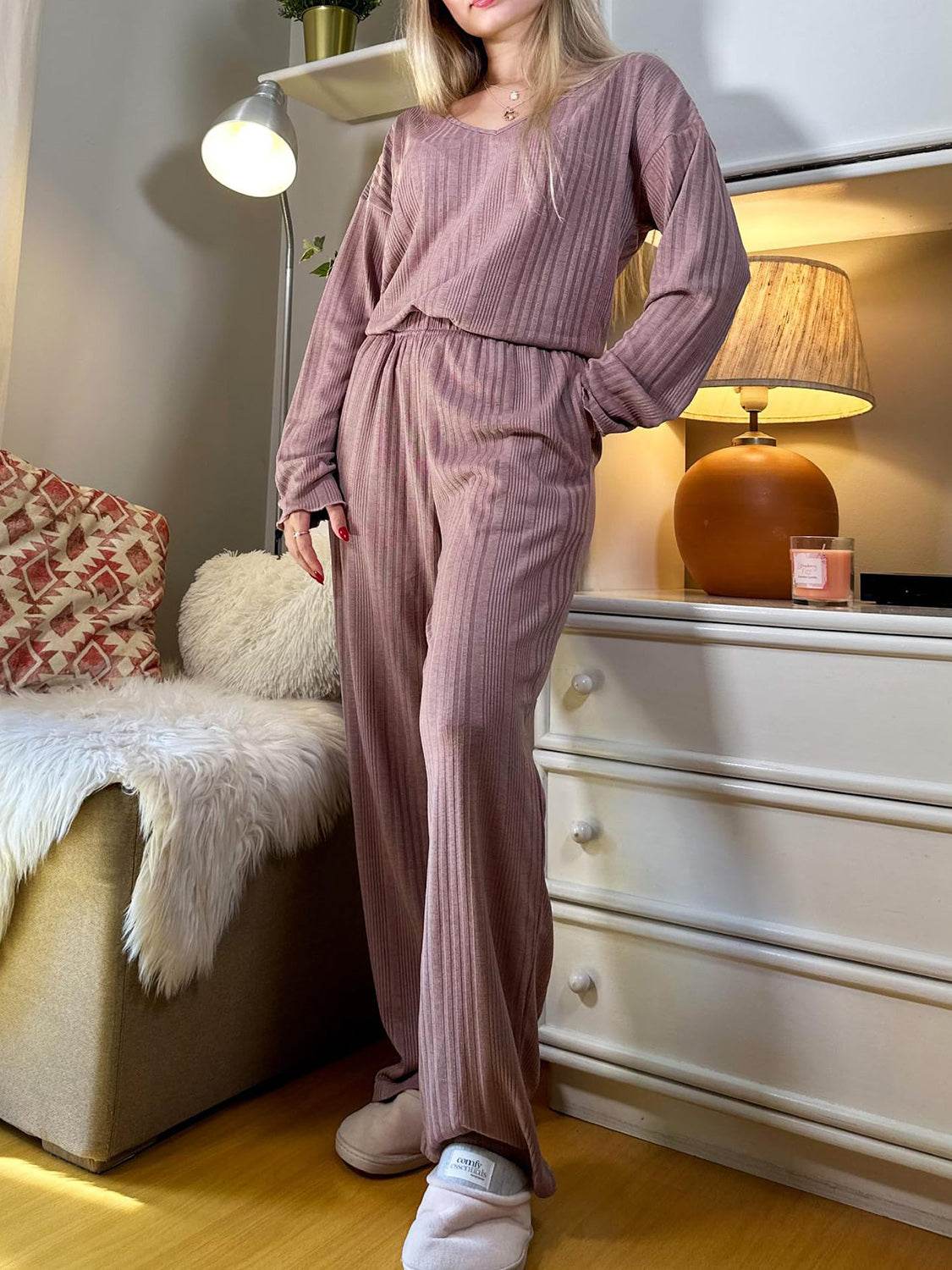 V-Neck Long Sleeve Top and Pants Set - DaTrendStore.Com
