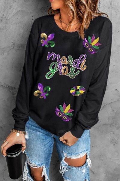 MARDI GRAS Sequin Round Neck Sweatshirt - DaTrendStore.Com