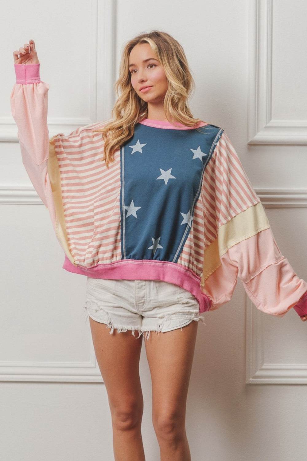 BiBi Stars and Stripes Round Neck Long Sleeve Top - DaTrendStore.Com