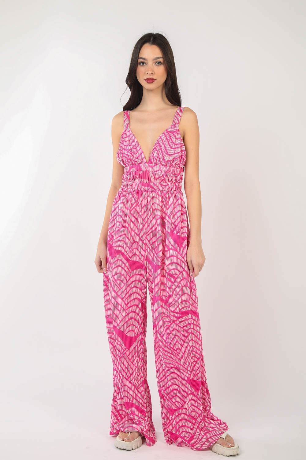 VERY J Printed Pleated Sleeveless Wide Leg Jumpsuit - DaTrendStore.Com