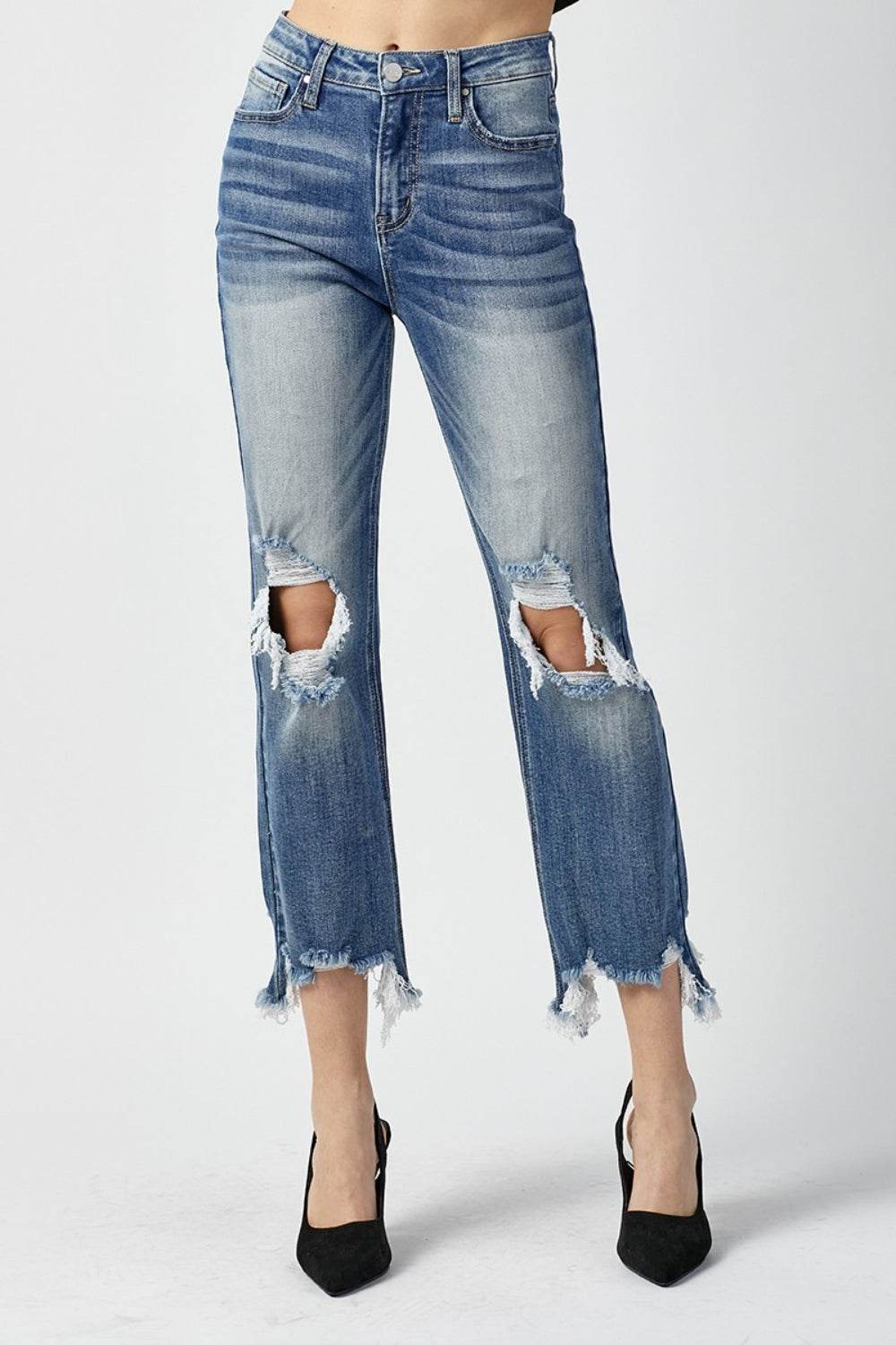 RISEN High Waist Distressed Frayed Hem Cropped Straight Jeans - DaTrendStore.Com