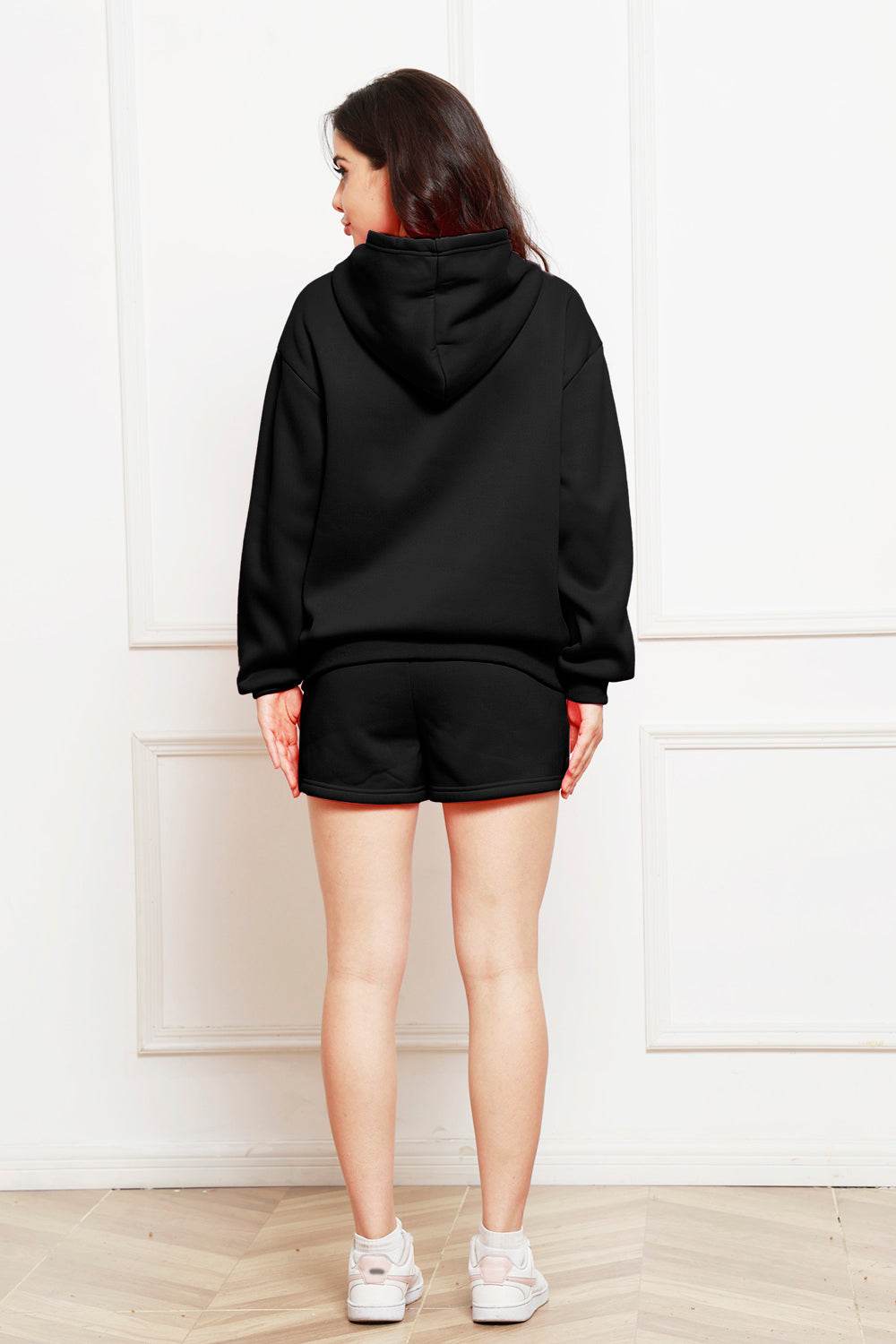 Drop Shoulder Long Sleeve Hoodie and Shorts Set - DaTrendStore.Com