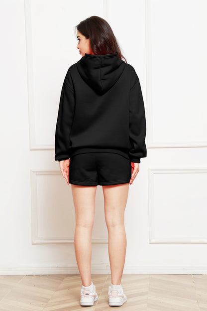 Drop Shoulder Long Sleeve Hoodie and Shorts Set